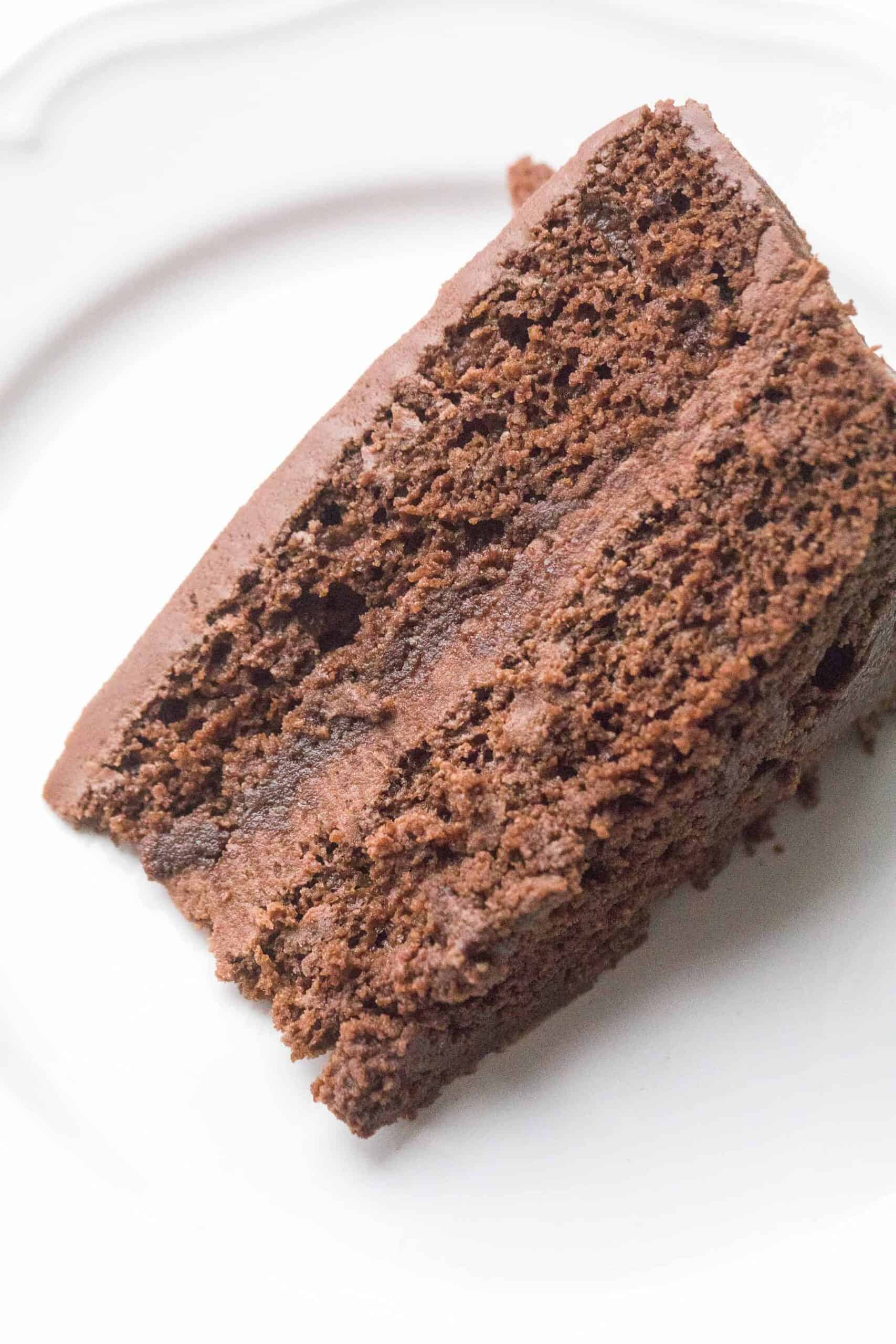 slice of chocolate cake on a white plate