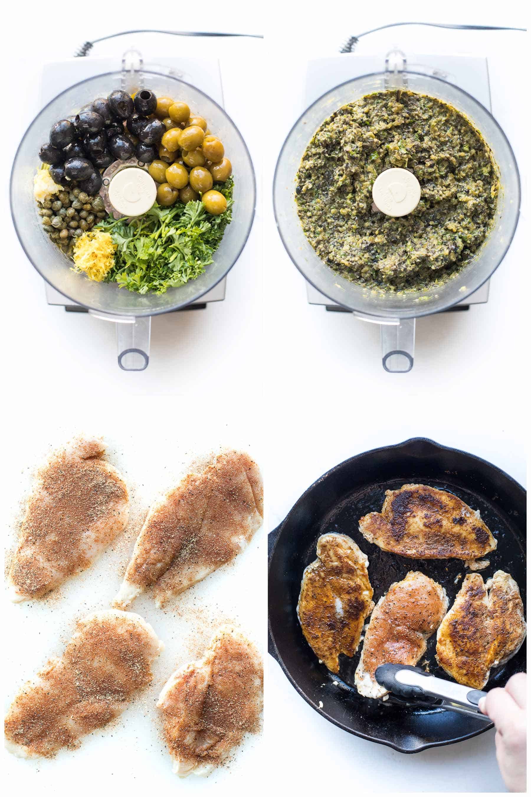 The steps of making chicken with olive tapenade