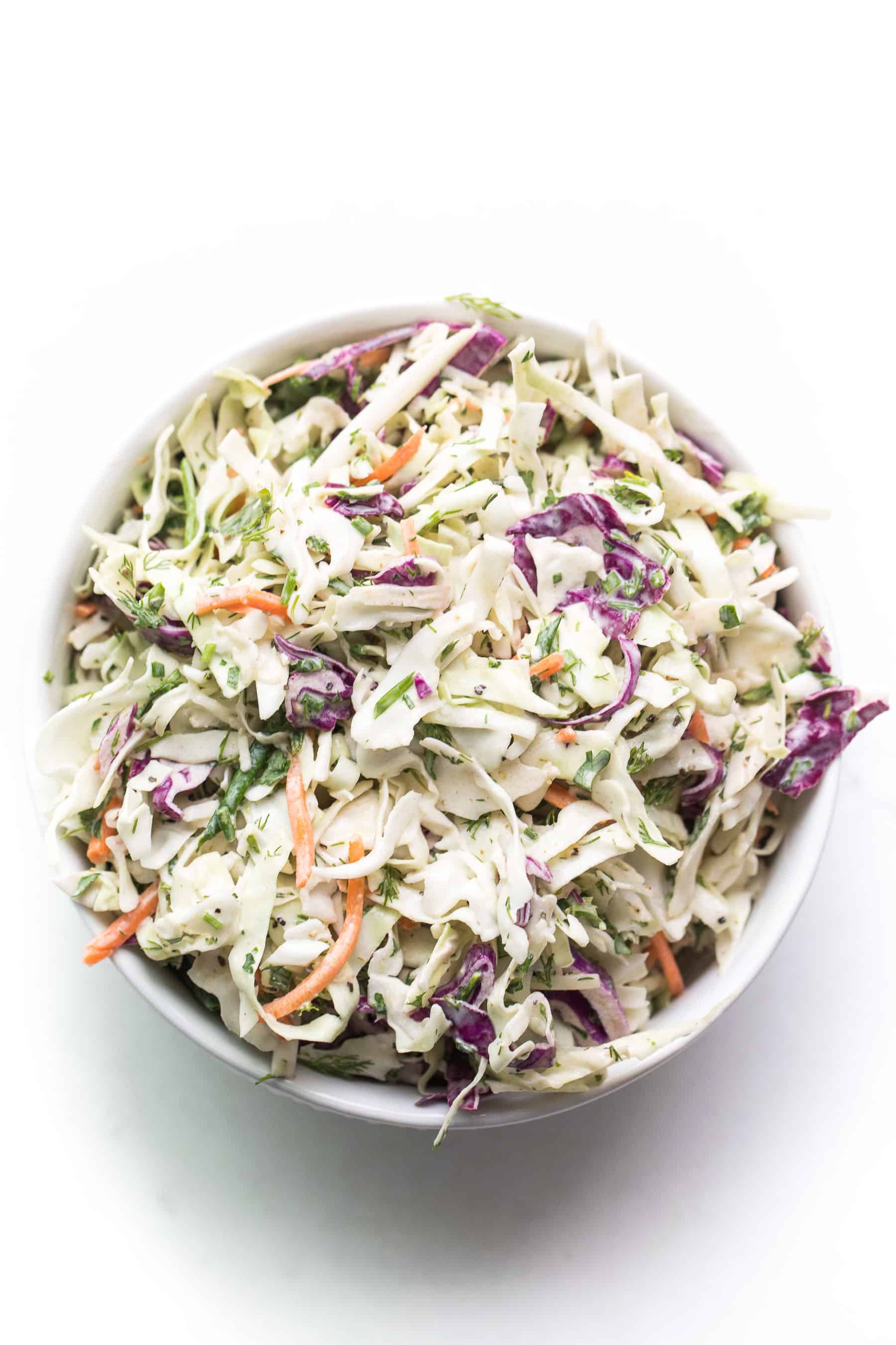 Coleslaw in a white bowl