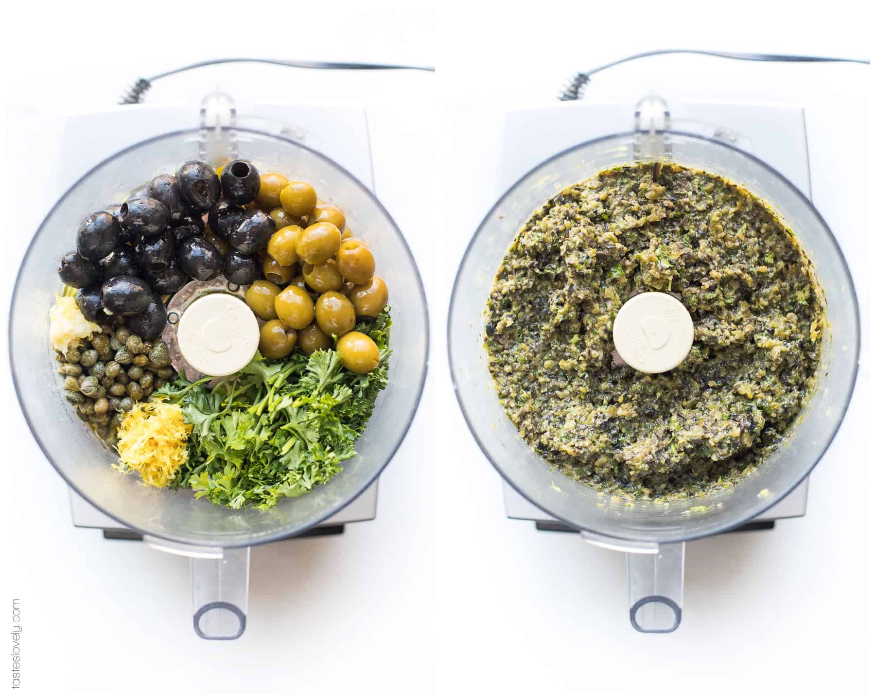 Steps of making olive tapenade in a food processor