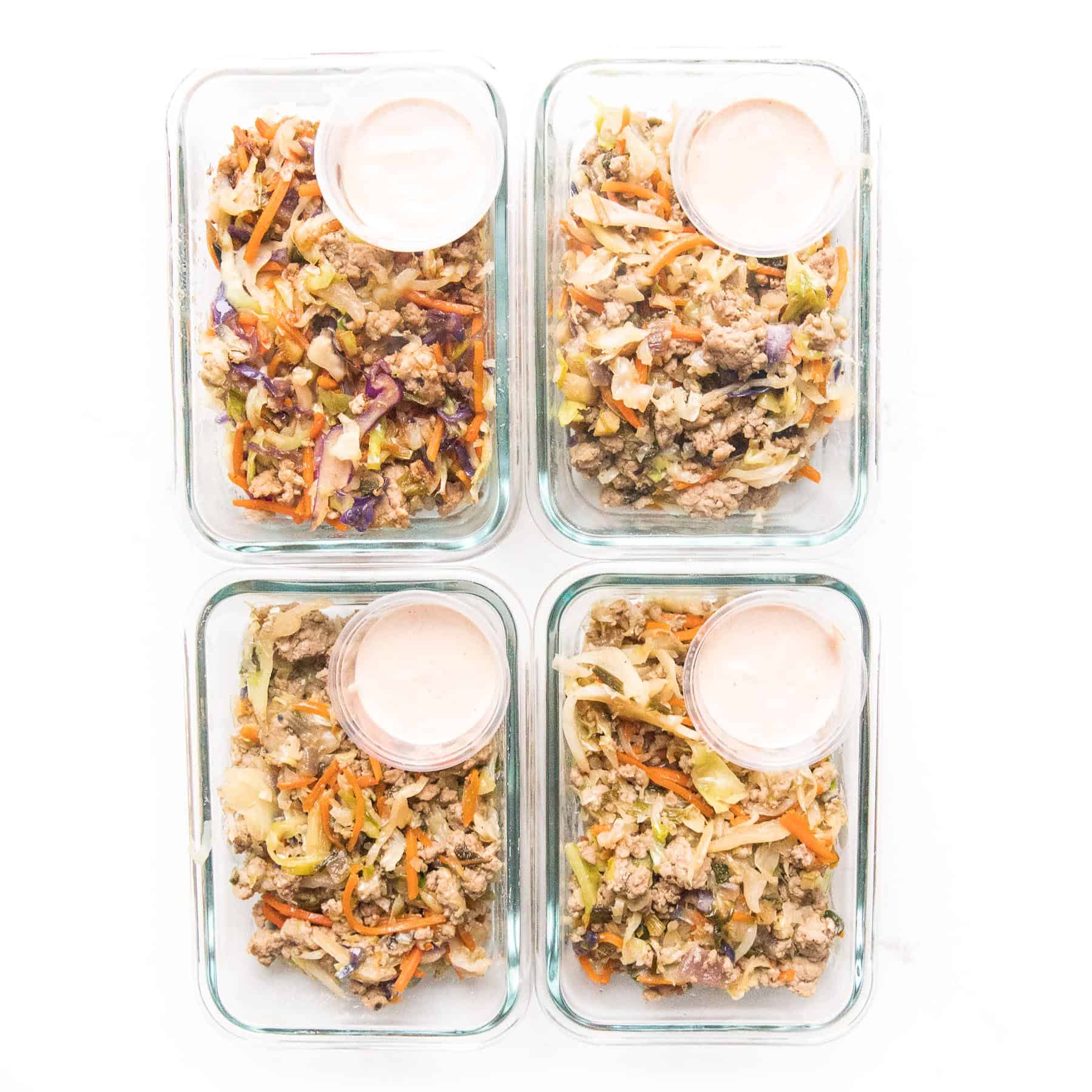 meal prep mu shu pork in glass containers